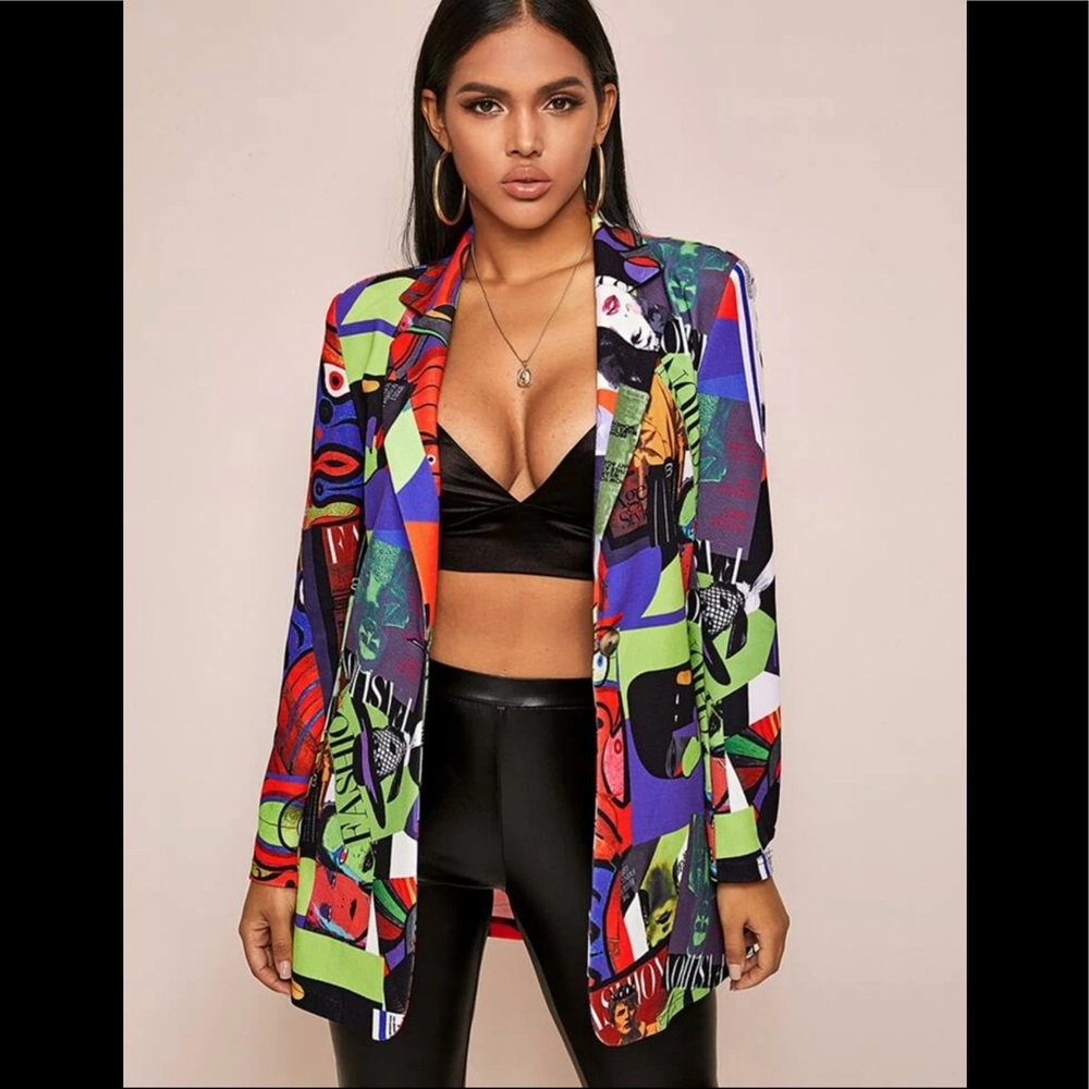 NOTCH COLLAR ALLOVER PRINT BUTTON LONGLINE BLAZER